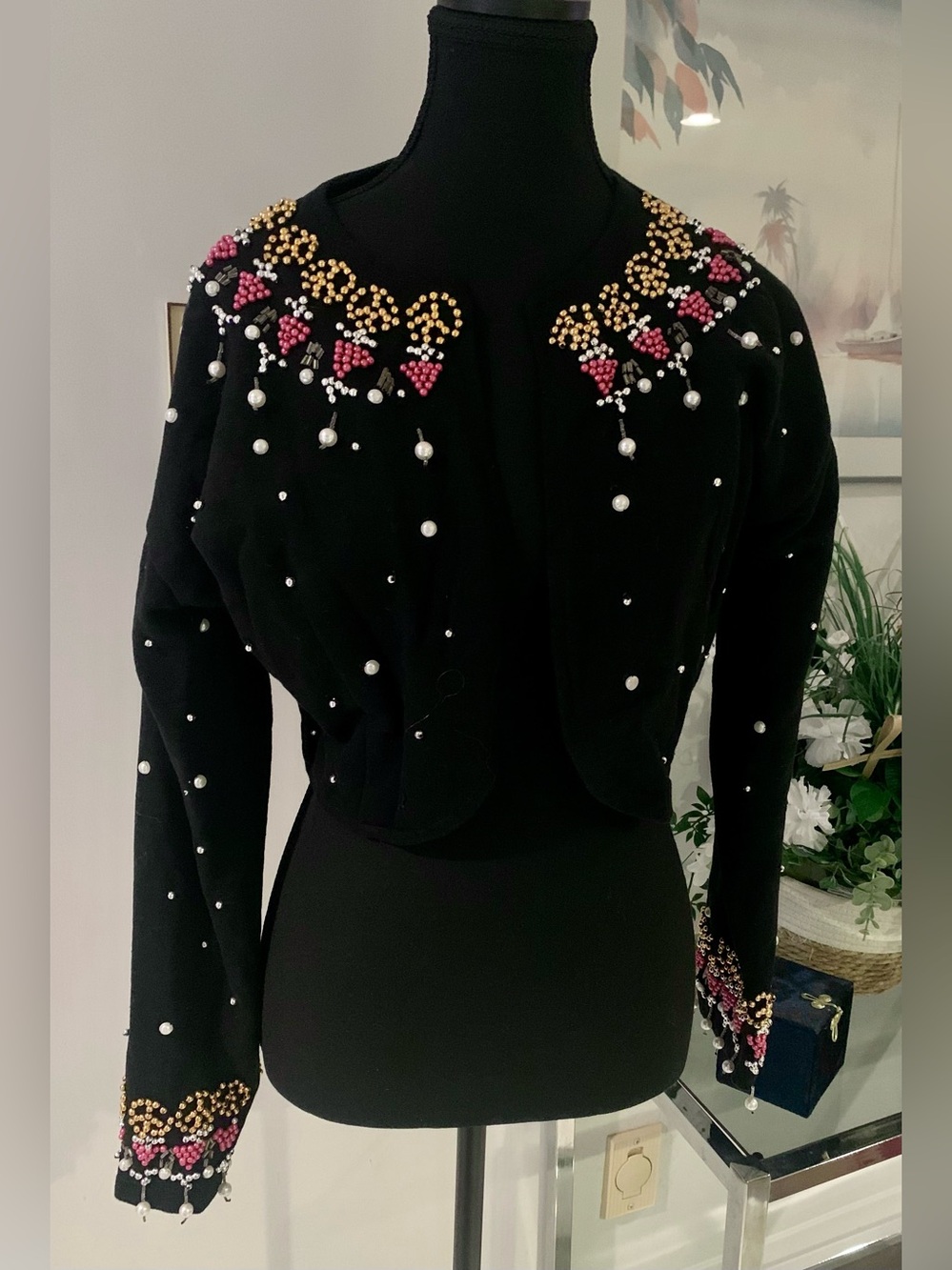 Embellished Black Cropped Blazer with Pink & Gold Beadwork, Vintage 1990s